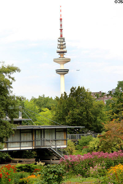 Heinrich Hertz TV Tower (1960s) over Planten un Blomen park. Hamburg, Germany.