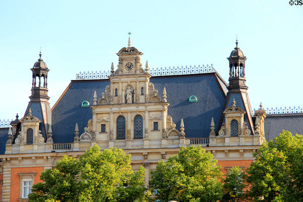 Roofline of Hamburg Regional Court building at Sieveking Platz. Hamburg, Germany.