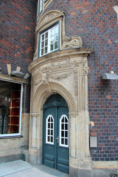 Ornately carved entrance on Hube-Haus. Hamburg, Germany.