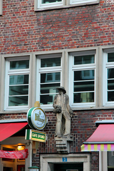 Sculpture of sailor on brick building at Steinstraße & Mohlenhofstraße. Hamburg, Germany.