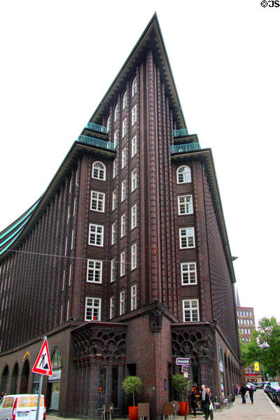 Chilehaus (1922-24) major work of brick expressionist architecture in Germany (UNESCO) in office district. Hamburg, Germany. Style: Brick Expressionist. Architect: Johann Friedrich Höger.