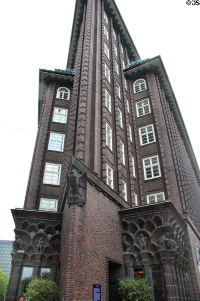 Statuary capping entrance level of Chilehaus. Hamburg, Germany.