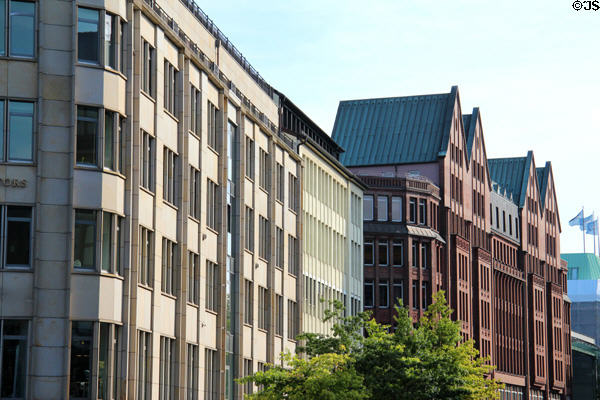 Commercial buildings along Mönckebergstraße leading from City Hall. Hamburg, Germany.