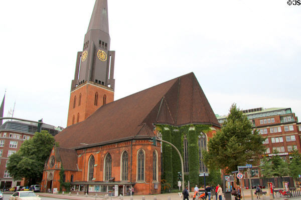 St Jacobi Church (St. James the Greater), ancient church (1340) re-built (1951-63) with modern spire after severe damage during WWII. Hamburg, Germany.