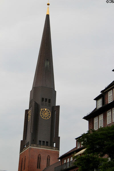 Modern spire atop post-WWII reconstruction of St Jacobi Church. Hamburg, Germany.