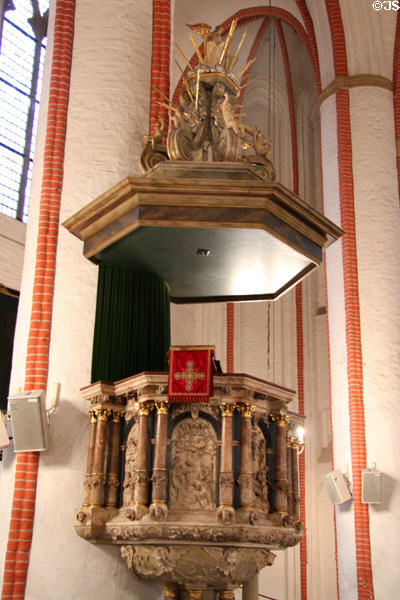 Alabaster & marble pulpit & canopy with fine carvings (1610) by Georg Bauman in St. Jacobi Church. Hamburg, Germany.