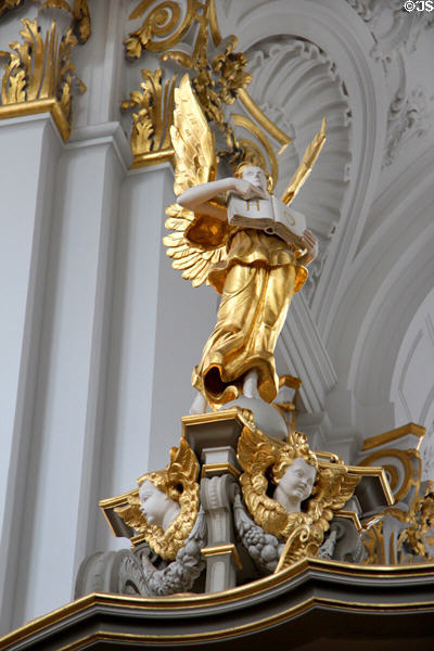 Angel of Annunciation crowning baroque pulpit (1910) by Otto Lessing at St Michael's Church. Hamburg, Germany.