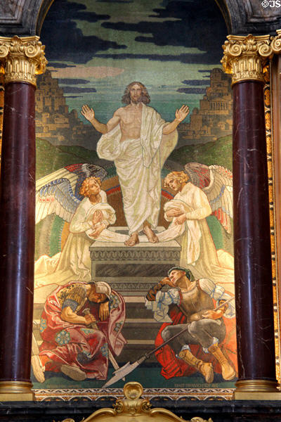 Resurrection of Christ with two Roman soldiers sleeping by his tomb mosaic (1912) by Ernst Pfannschmidt at St Michael's Church. Hamburg, Germany.