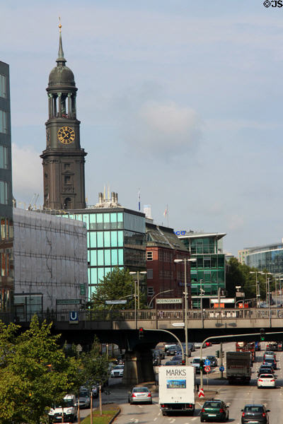 St Michael's Church prominent on skyline modern city. Hamburg, Germany.