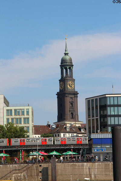 St Michael's Church tower above rail tracks. Hamburg, Germany.