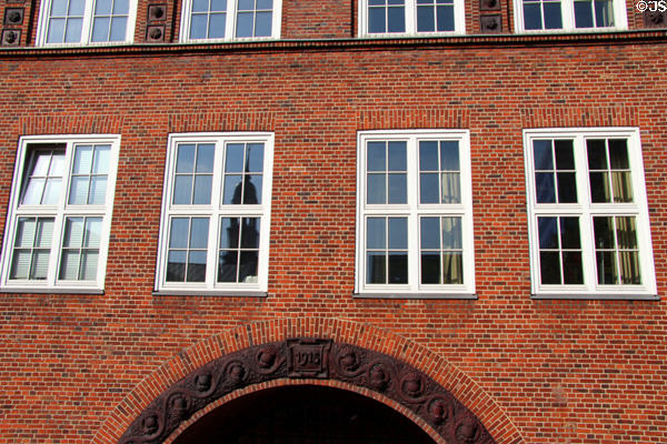 Detail of heritage brick warehouse building (1915) in old canal district. Hamburg, Germany.