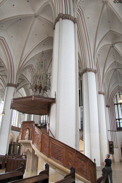 Circular carved wooden staircase to pulpit in St Peter's Church. Hamburg, Germany.