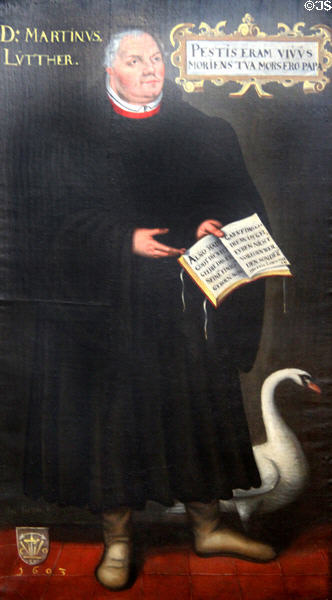 Martin Luther with a swan which frequently symbolizes Luther in Lutheran art, painting (1603) by Jacob Jacobs in St. Peter's Church. Hamburg, Germany.