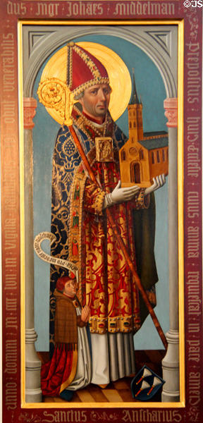 St Ansgar painting (2004), a copy of a late Gothic original hanging close to apse of Domkirche St Marien. Hamburg, Germany.