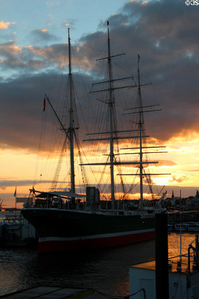 Rickmer Rickmers museum sailing ship at sunset. Hamburg, Germany.