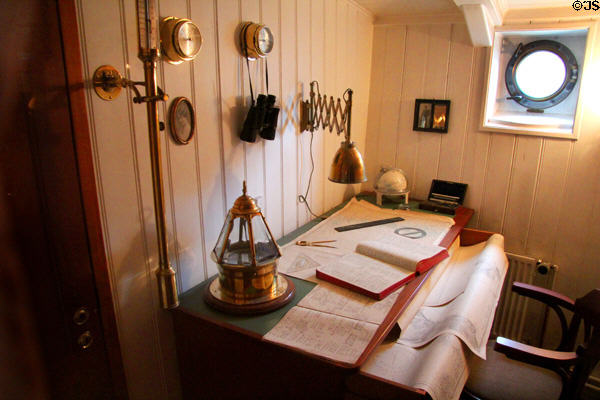 Work desk for studying maps & keeping ship's log on board Rickmer Rickmers museum sailing ship. Hamburg, Germany.