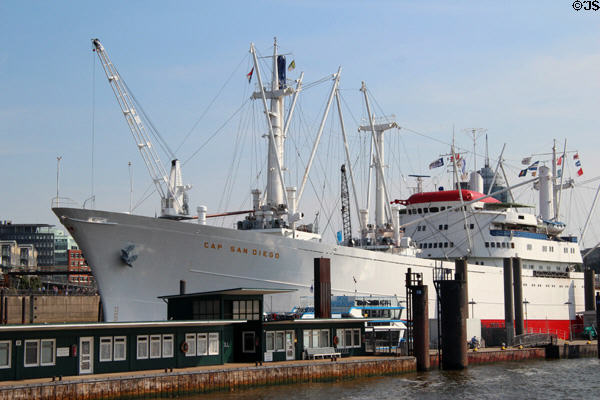 Profile of Museum Ship Cap San Diego, a German built cargo ship (1961) moored on Elbe River. Hamburg, Germany.