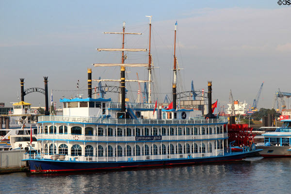 Profile of Louisiana Star paddle wheel tour boat on Elbe River. Hamburg, Germany.