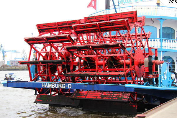 Detail of paddles on stern of Louisiana Star on Elbe River. Hamburg, Germany.