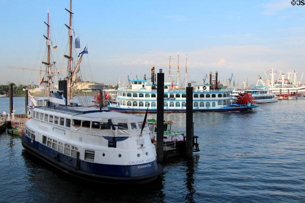 Array of day tour boats on Elbe River. Hamburg, Germany.