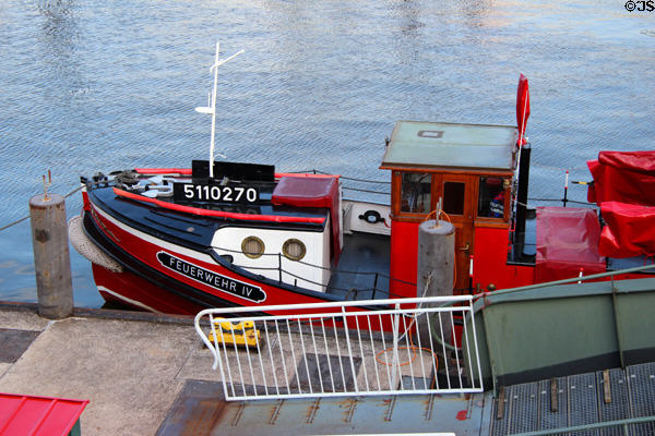 Feuerwehr IV (fireboat) docked on Elbe River. Hamburg, Germany.
