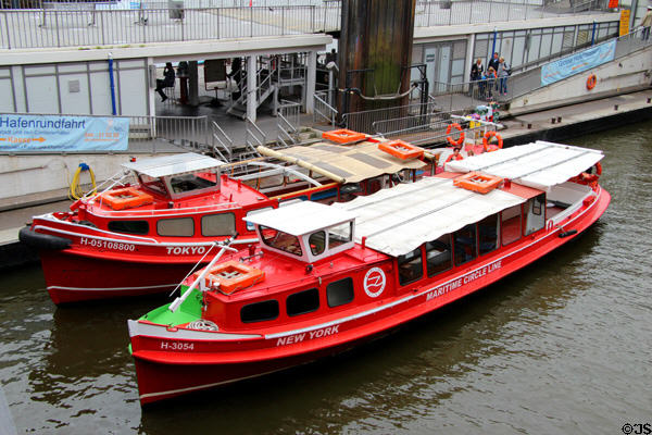 Maritime Circle Line day tour boats docked on Elbe River. Hamburg, Germany.