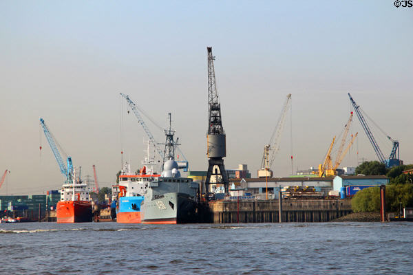 Dockyards along Elbe River. Hamburg, Germany.