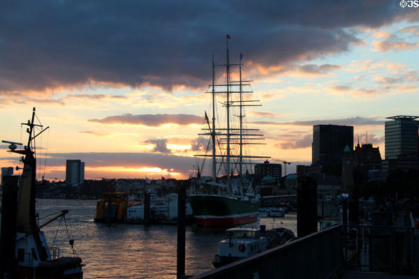Morgenster sailing ship in Hamburg harbor at dusk. Hamburg, Germany.