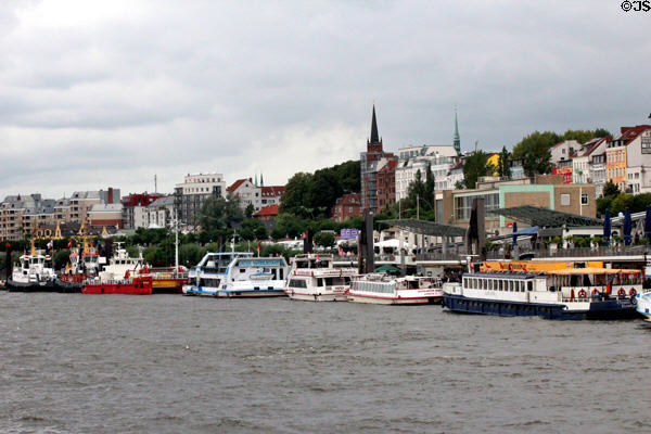 Tour boats moored in Hamburg harbor. Hamburg, Germany.