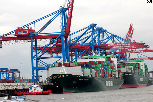 Container ship, Ever Green, & cranes at container port. Hamburg, Germany.