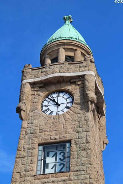 Stone clock tower at St. Pauli Pier. Hamburg, Germany.