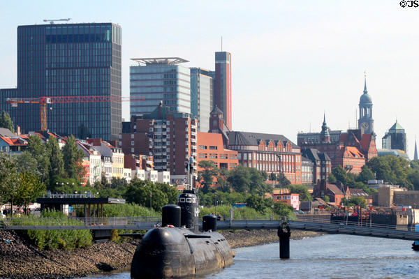 Buildings on hill above St. Pauli Pier. Hamburg, Germany.