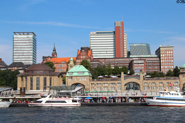 Astraturm St Pauli (2007), Atlantic-Haus (2006) & Tanzende Türme (2012) above St Pauli Pier. Hamburg, Germany.
