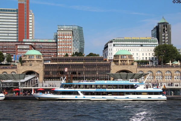 St. Pauli Pier with buildings along Bernhard-Nocht on hill beyond. Hamburg, Germany.