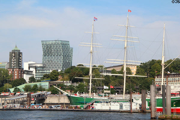 Hotel Hafen Hamburg tower (1987) & Tanzende Türme (2012) beyond museum ship Rickmer Rickmers. Hamburg, Germany.