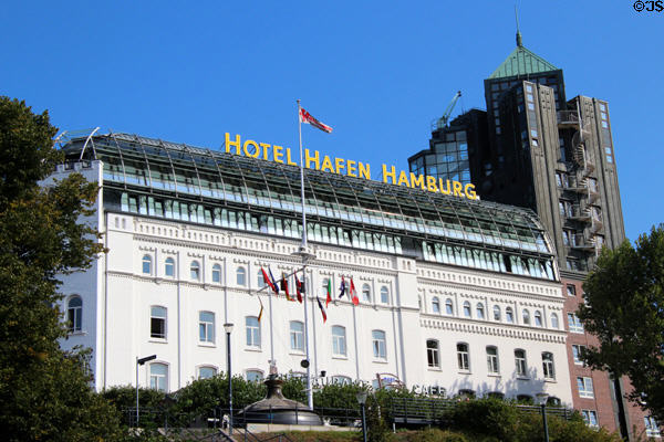 Hotel Hafen Hamburg with expansion tower (1987) on hill above St. Pauli Pier. Hamburg, Germany.