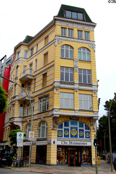 Yellow building at foot of Ditmar-Koel-Straße. Hamburg, Germany.