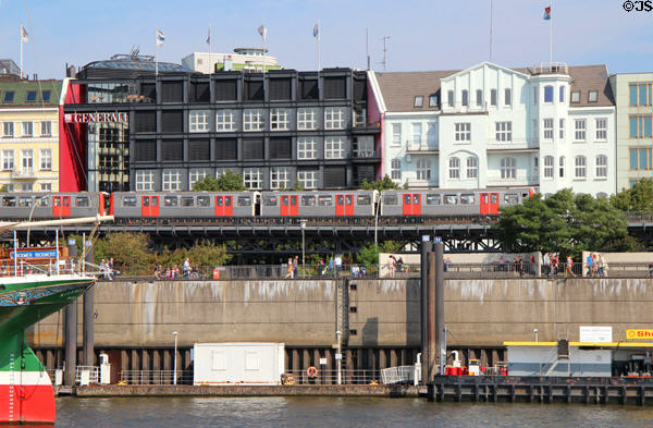 Johannisbollwerk streetscape with Subway train. Hamburg, Germany.