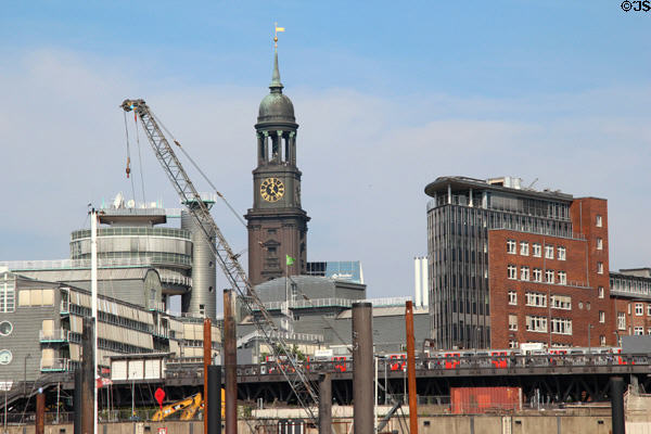 Round tower structure of Hamburg New City beside St Michael's church. Hamburg, Germany.