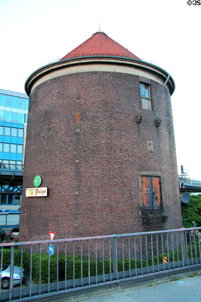 Zombeck air defense tower (1940) near Elbe at Überseebrücke. Hamburg, Germany.
