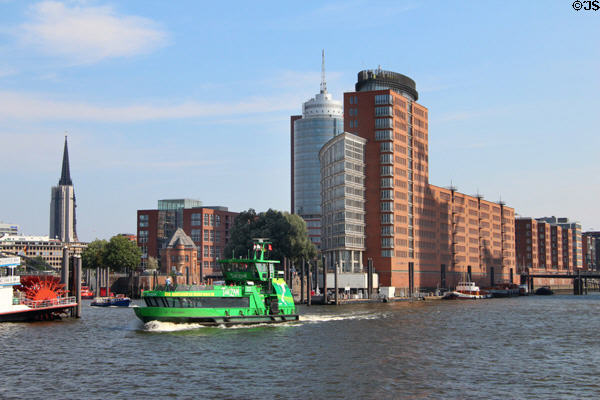HafenCity buildings lining Elbe River. Hamburg, Germany.