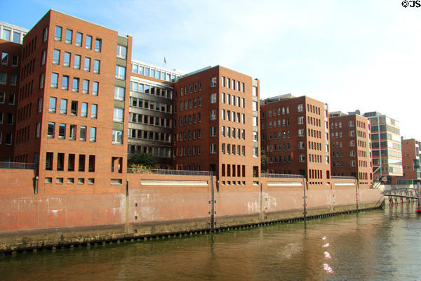 Modern buildings overlooking Elbe River in HafenCity. Hamburg, Germany.