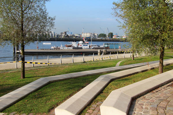 Park along Elbe River in HafenCity. Hamburg, Germany.