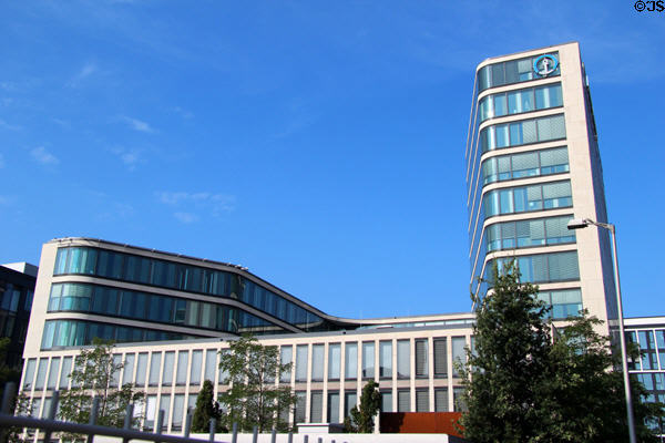 European headquarters with anchor emblem of Kühne & Nagel (Grosser Grasbrook 11-13) in HafenCity. Hamburg, Germany. Architect: Jan Störmer.