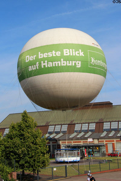 Scenic view balloon ride based at Deichtorhallen Hamburg, former market halls now museum of contemporary art & photography. Hamburg, Germany.