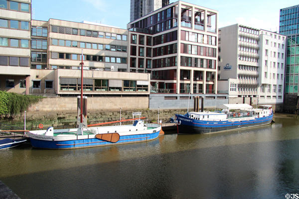 Canal boat & theater ship Das Schiff at Musen Kai on Nikolaifleet. Hamburg, Germany.