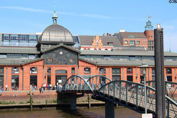 Hamburg Fish Market on Elbe River & footbridge leading to ferry pier. Hamburg, Germany.