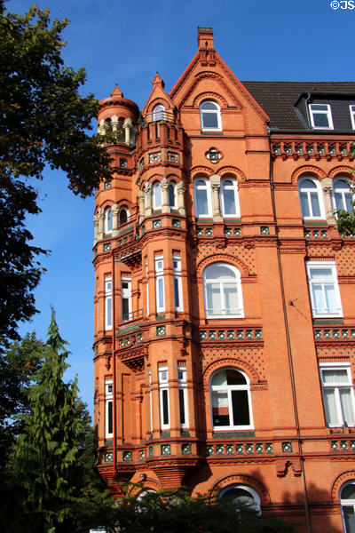 Brick Victorian revival residential buildings (Rothenbaum chaussee at Moorweidenstraße). Hamburg, Germany.