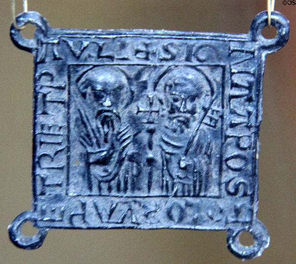 Pilgrim's badge (c1300) with Sts Peter & Paul signifying that owner had visited their tombs in Rome at Hamburg History Museum. Hamburg, Germany.