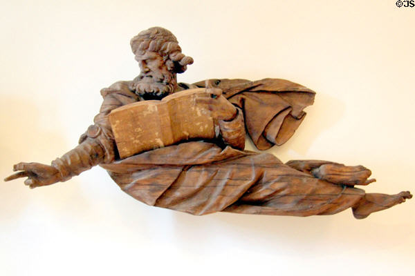 Wood carving of St. Luke (c1640) from high altar of St. Catherine's Church sculpted by Henning Heitridder at Hamburg History Museum. Hamburg, Germany.